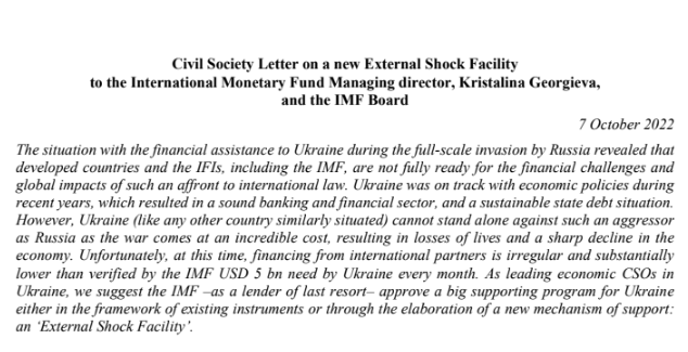 Civil Society Letter on a new External Shock Facility to the International Monetary Fund